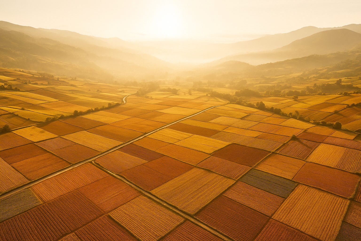 Vista aérea de cultivos en la alta montaña de Boyacá al atardecer